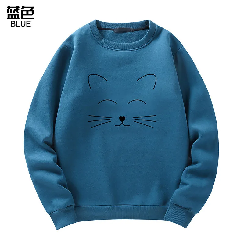 Round Neck Cat Printed Sweater Long Sleeved Sweatshirt