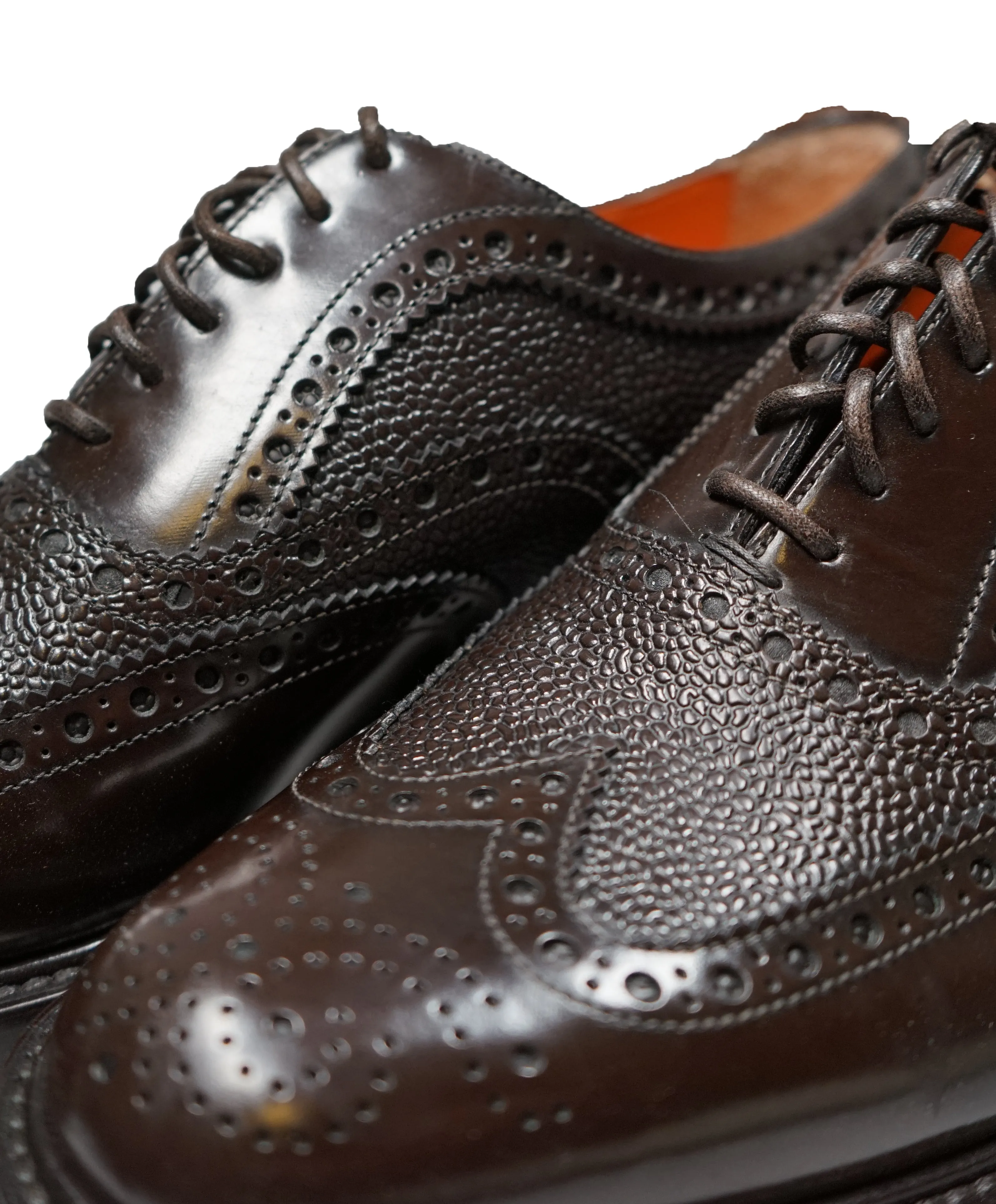SANTONI - Orange Made in Italy Brown Pebbled Wingtip Brogue Oxford - 11
