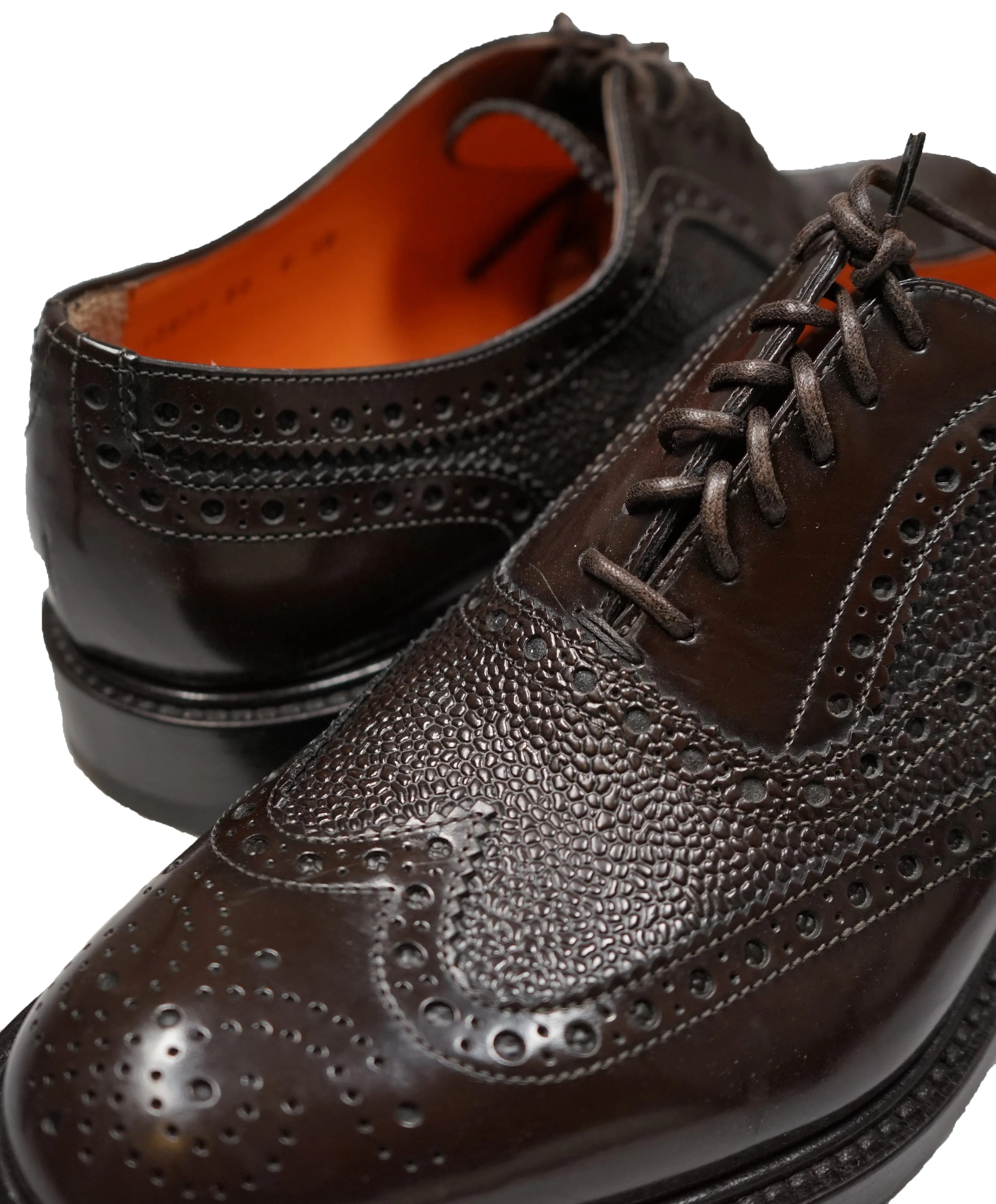 SANTONI - Orange Made in Italy Brown Pebbled Wingtip Brogue Oxford - 11