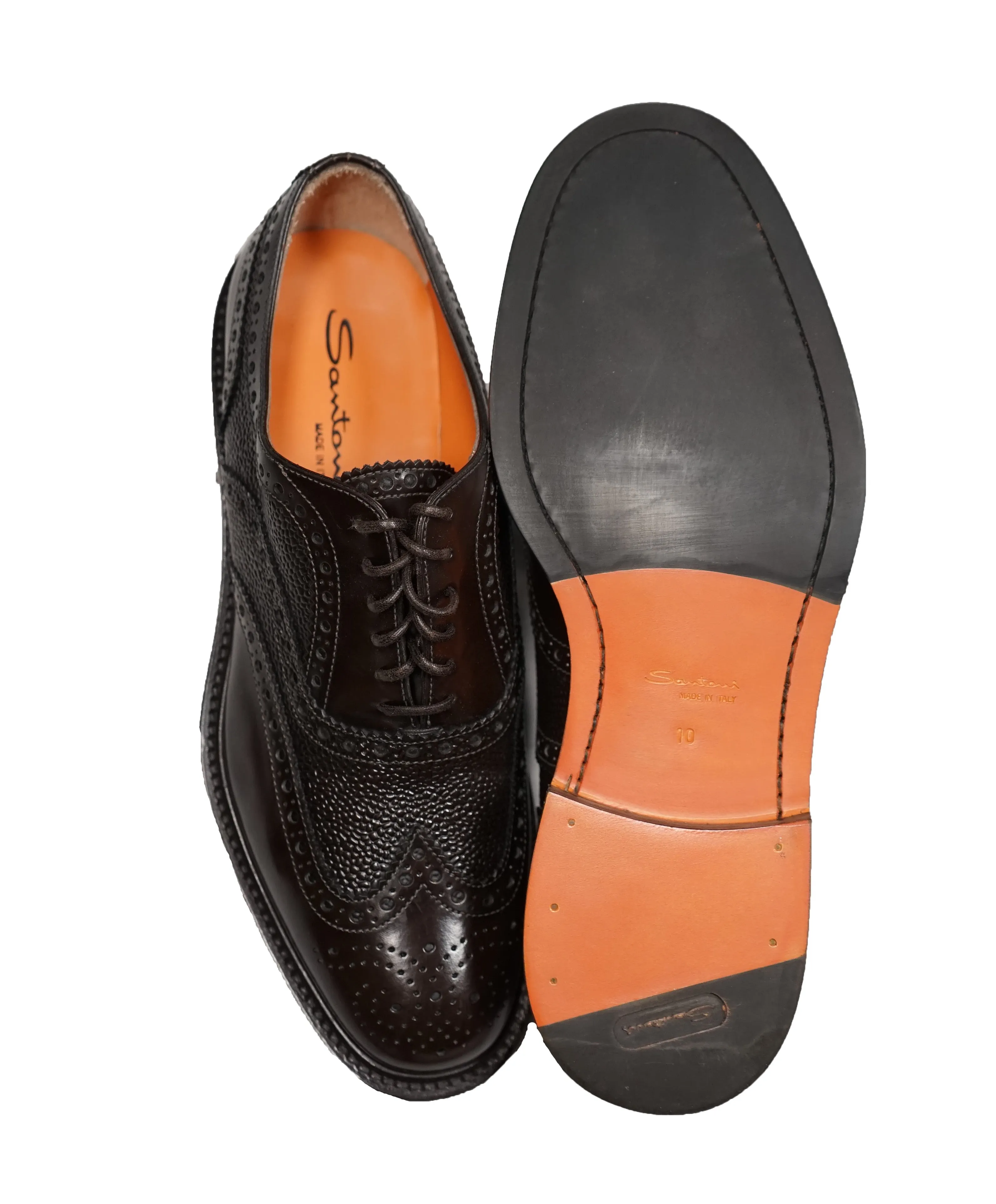 SANTONI - Orange Made in Italy Brown Pebbled Wingtip Brogue Oxford - 11