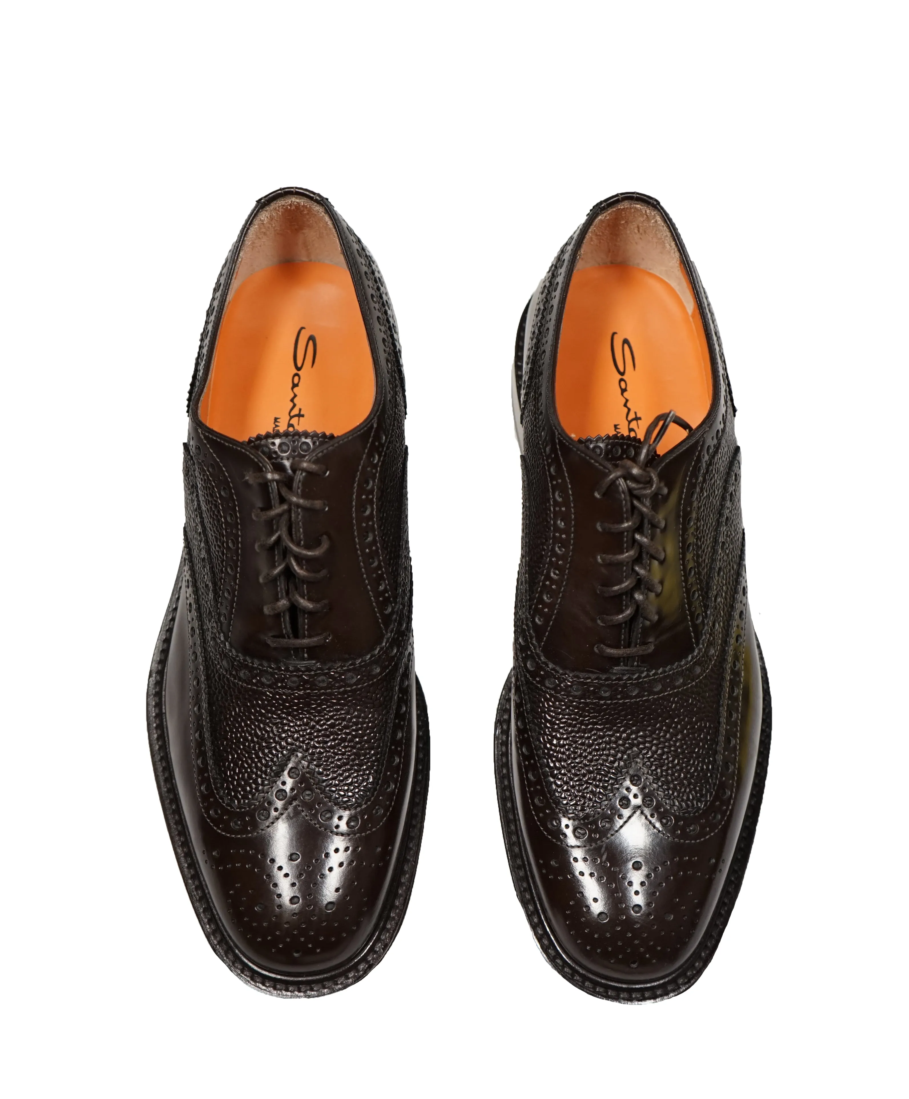 SANTONI - Orange Made in Italy Brown Pebbled Wingtip Brogue Oxford - 11