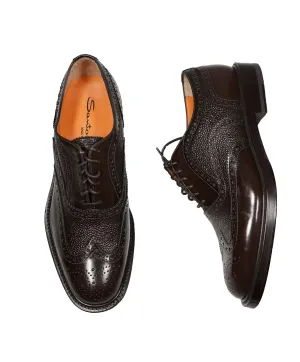 SANTONI - Orange Made in Italy Brown Pebbled Wingtip Brogue Oxford - 11