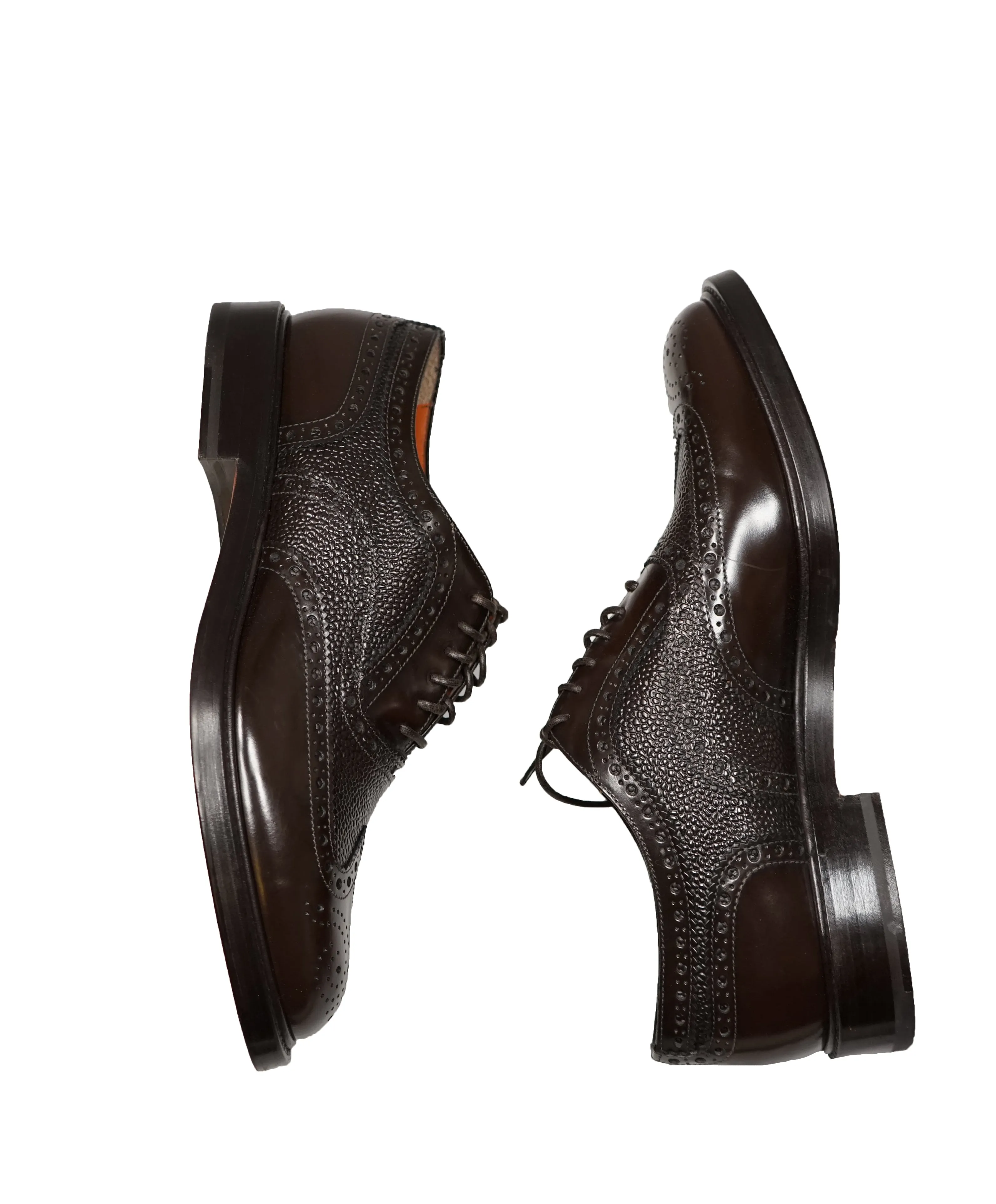 SANTONI - Orange Made in Italy Brown Pebbled Wingtip Brogue Oxford - 11