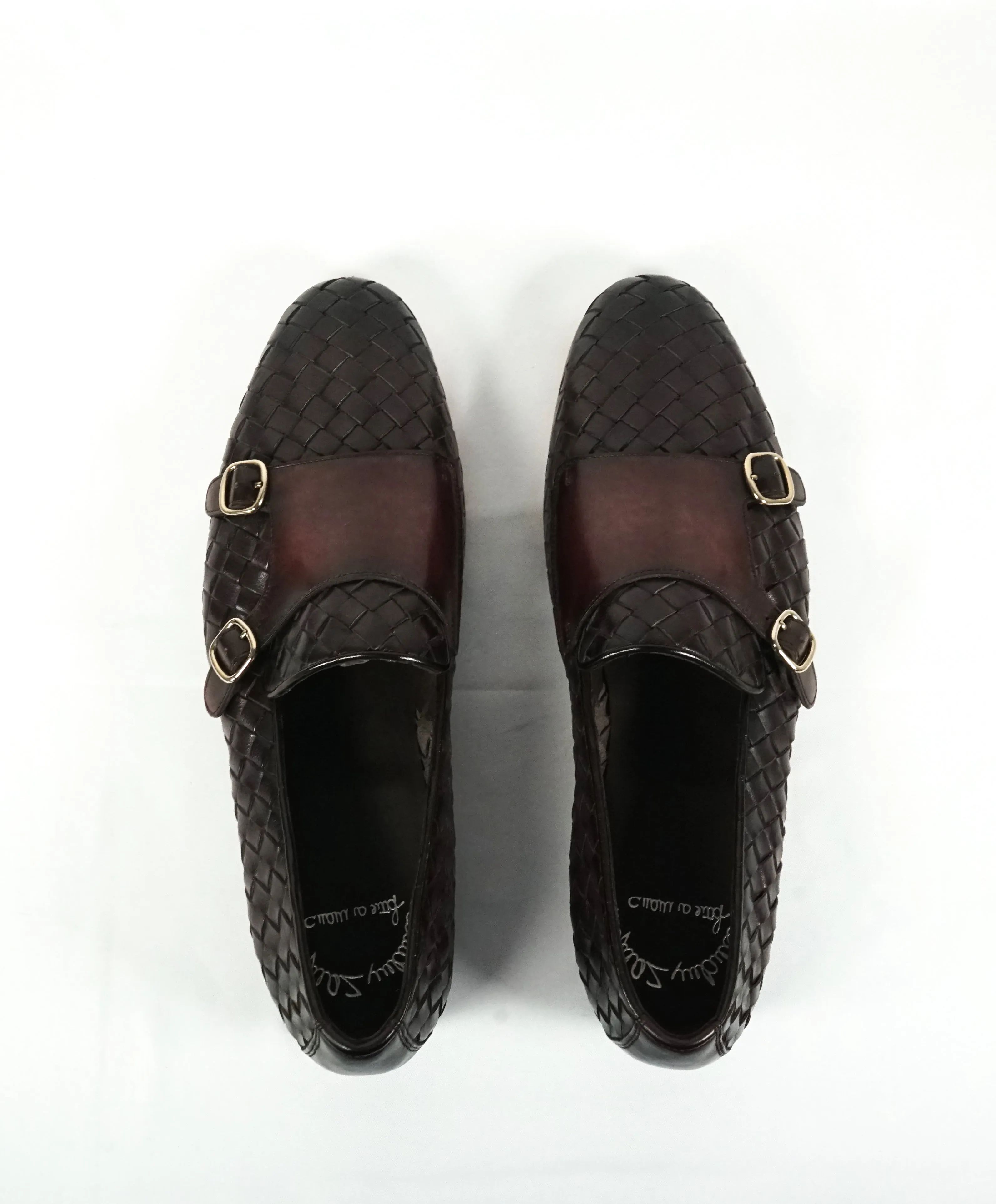 SANTONI - Oxblood Hand-Antiqued Woven Leather Monk Strap Loafers - 10