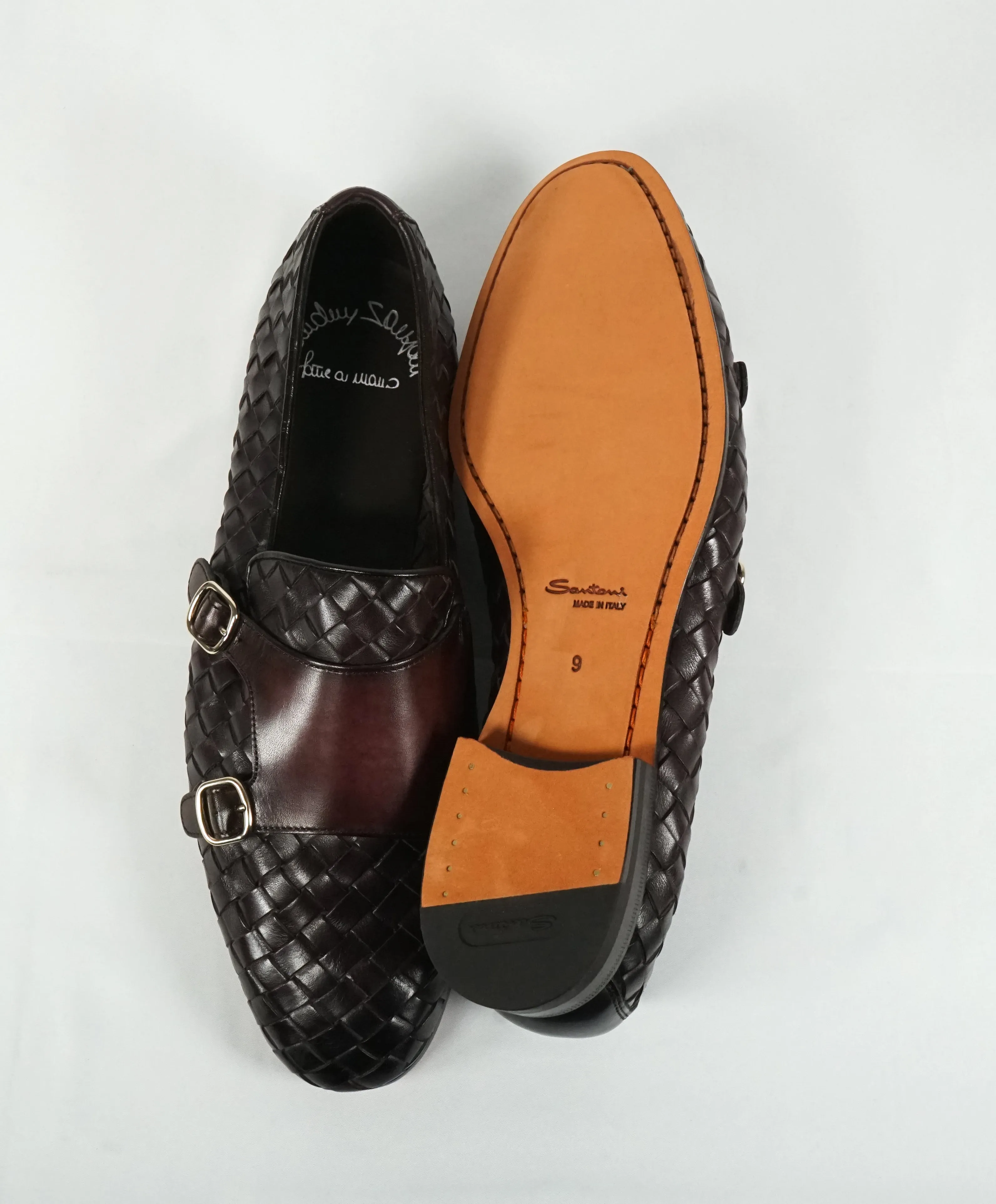 SANTONI - Oxblood Hand-Antiqued Woven Leather Monk Strap Loafers - 10