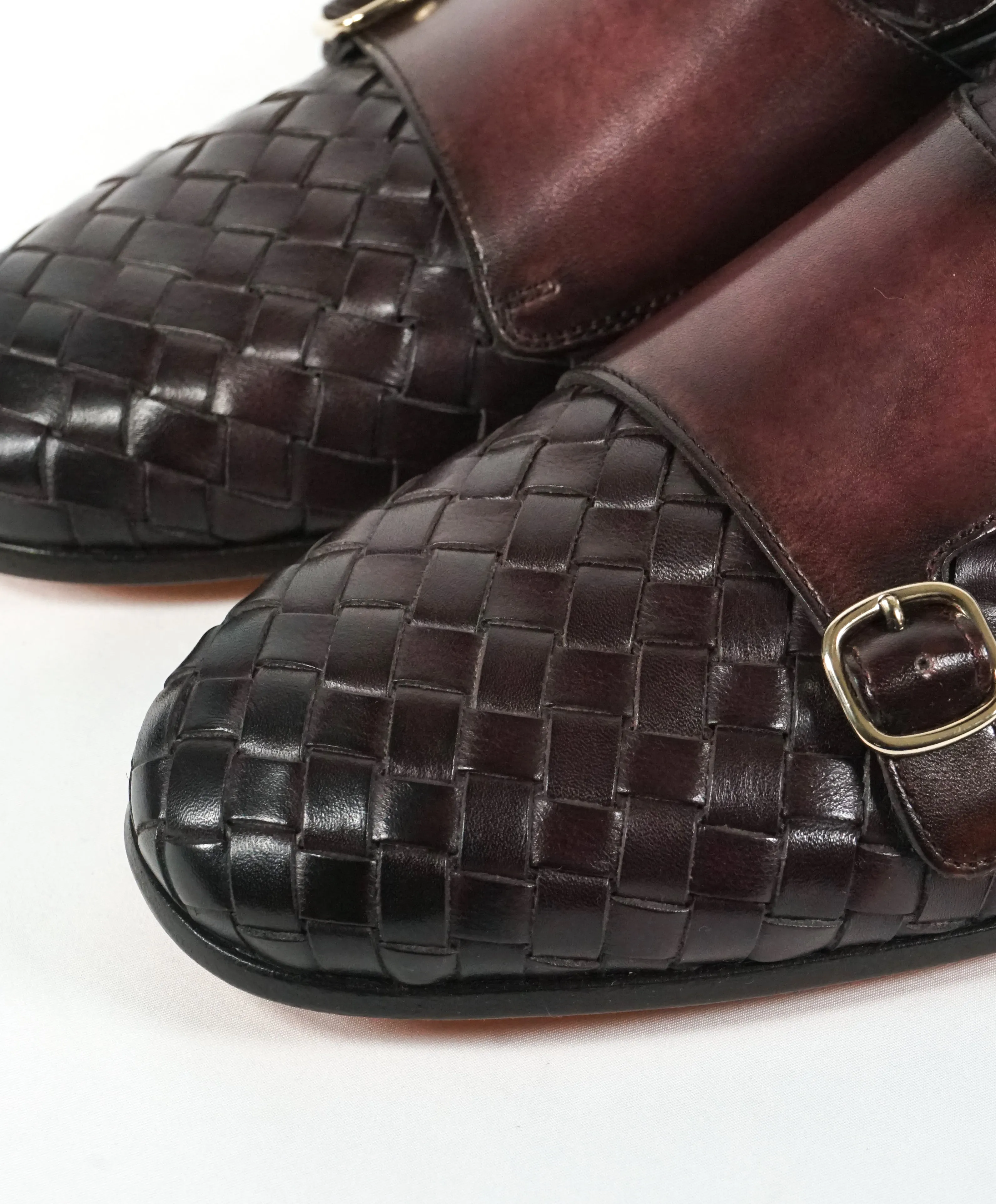 SANTONI - Oxblood Hand-Antiqued Woven Leather Monk Strap Loafers - 10