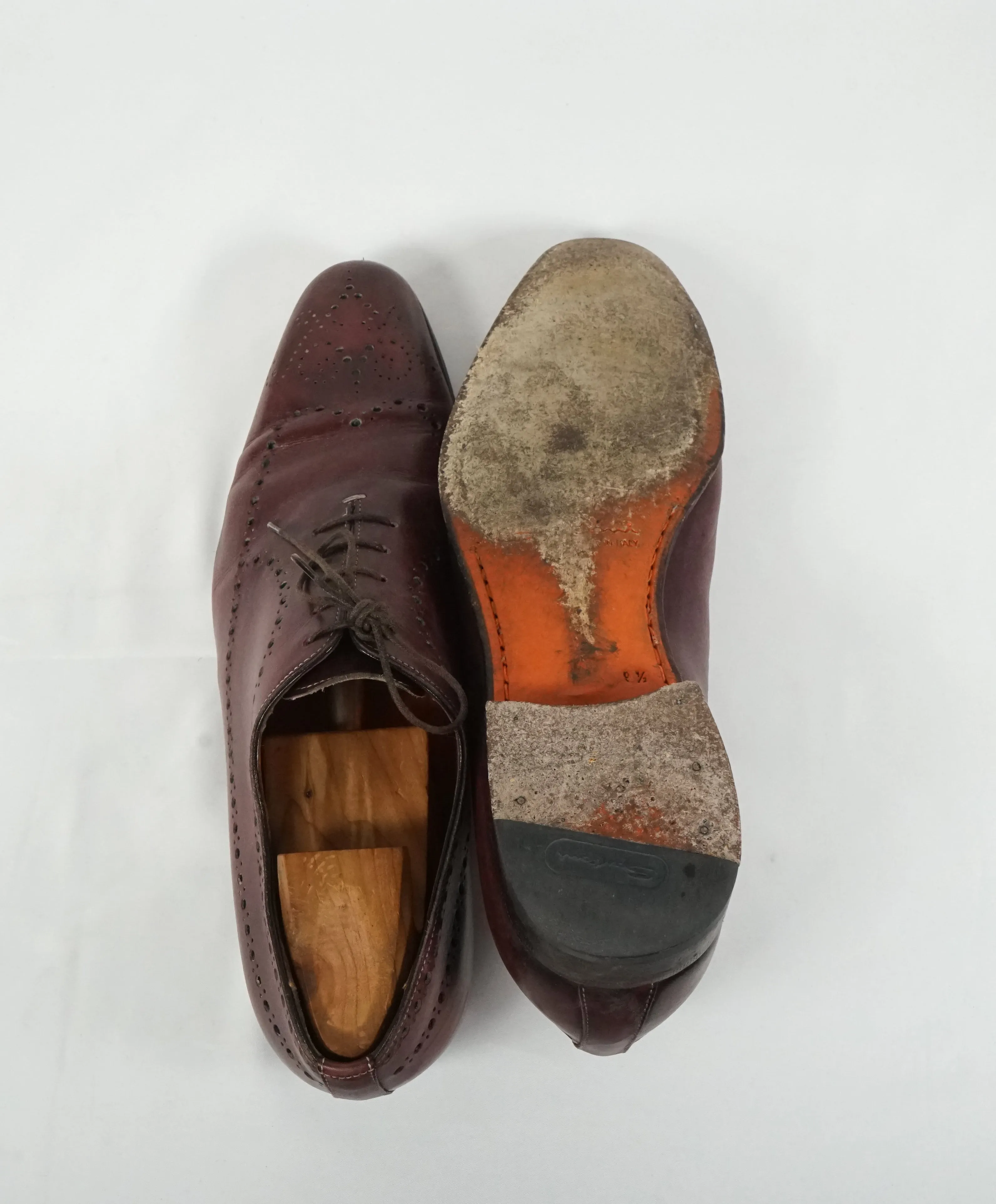 SANTONI - "Calvin" Wholecut Burgundy Brogue Oxfords - 10.5