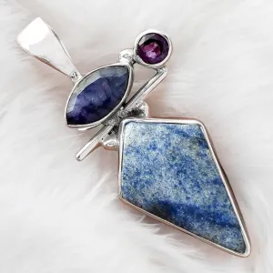 Sapphire, Dumortierite Blue Quartz & Amethyst Solid 925 Sterling Silver Pendant