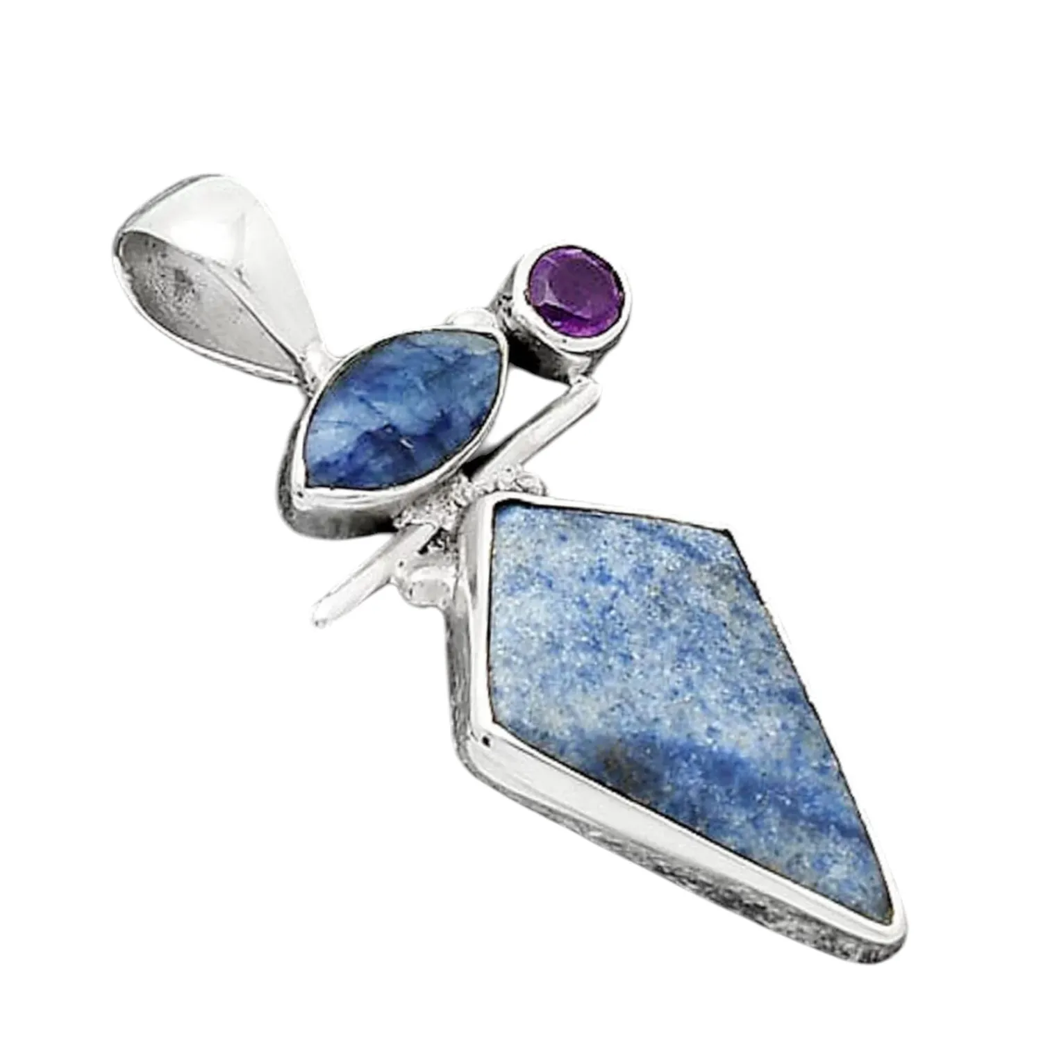 Sapphire, Dumortierite Blue Quartz & Amethyst Solid 925 Sterling Silver Pendant