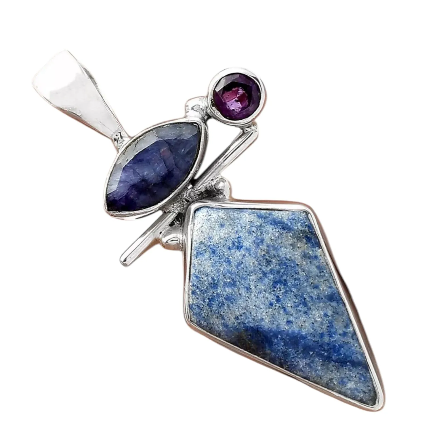 Sapphire, Dumortierite Blue Quartz & Amethyst Solid 925 Sterling Silver Pendant