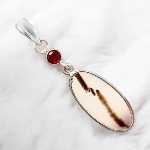Scenic Dendritic Agate & Garnet Solid 925 Sterling Silver Pendant