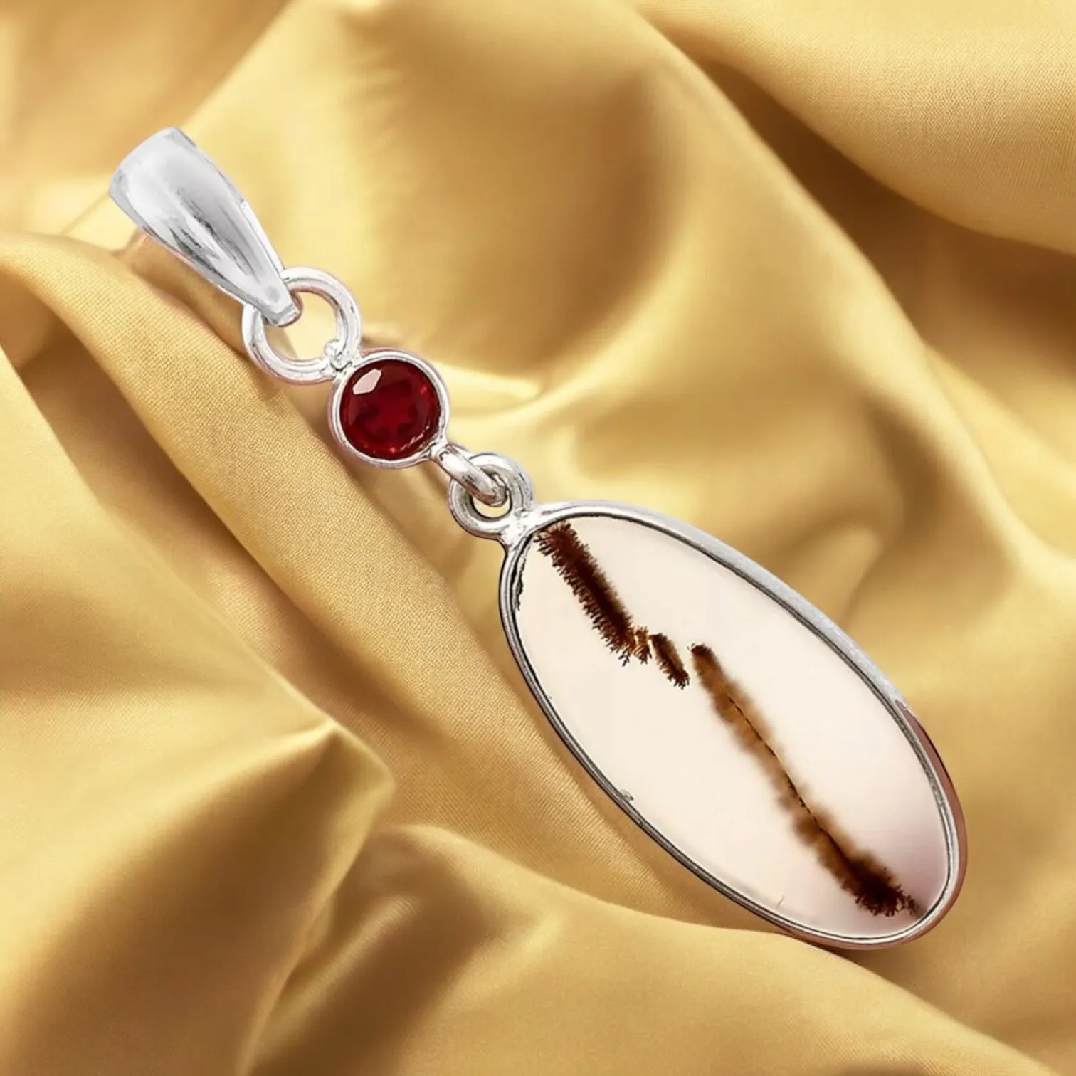 Scenic Dendritic Agate & Garnet Solid 925 Sterling Silver Pendant
