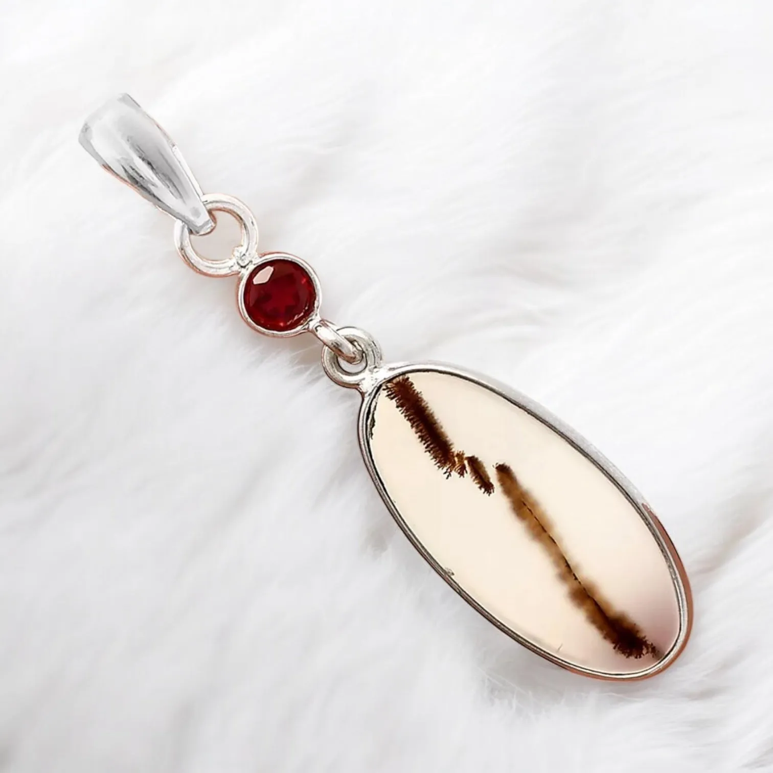 Scenic Dendritic Agate & Garnet Solid 925 Sterling Silver Pendant
