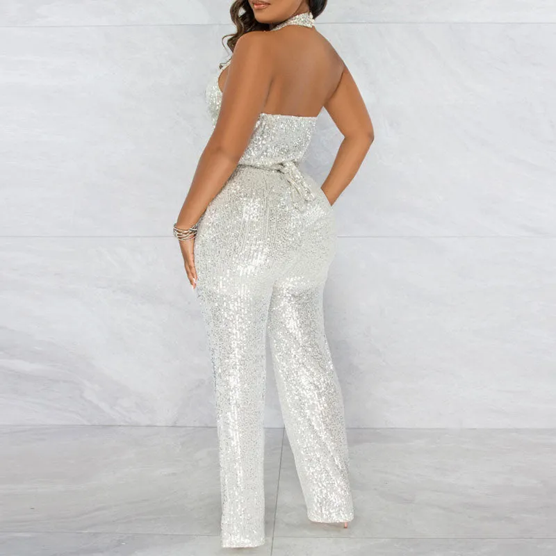 Sequins Halter Sleeveless Belted Jumpsuit
