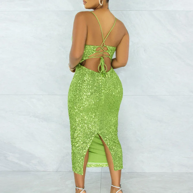 Sequins Sleeveless Bandage Midi Dress