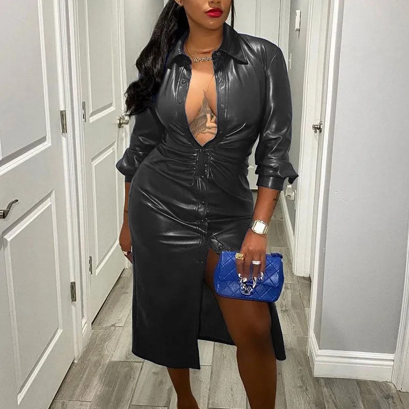 Sexy V-neck Button Design Lapel Windbreaker Long PU Leather Coat