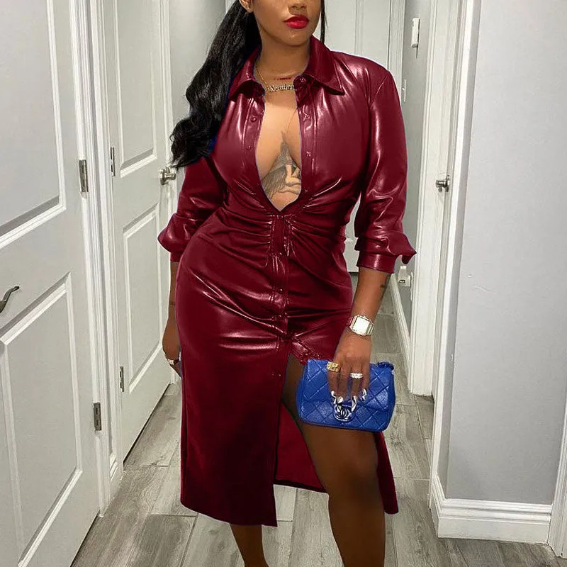Sexy V-neck Button Design Lapel Windbreaker Long PU Leather Coat