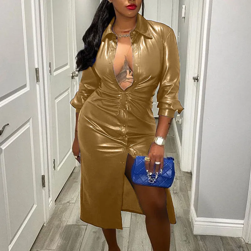 Sexy V-neck Button Design Lapel Windbreaker Long PU Leather Coat
