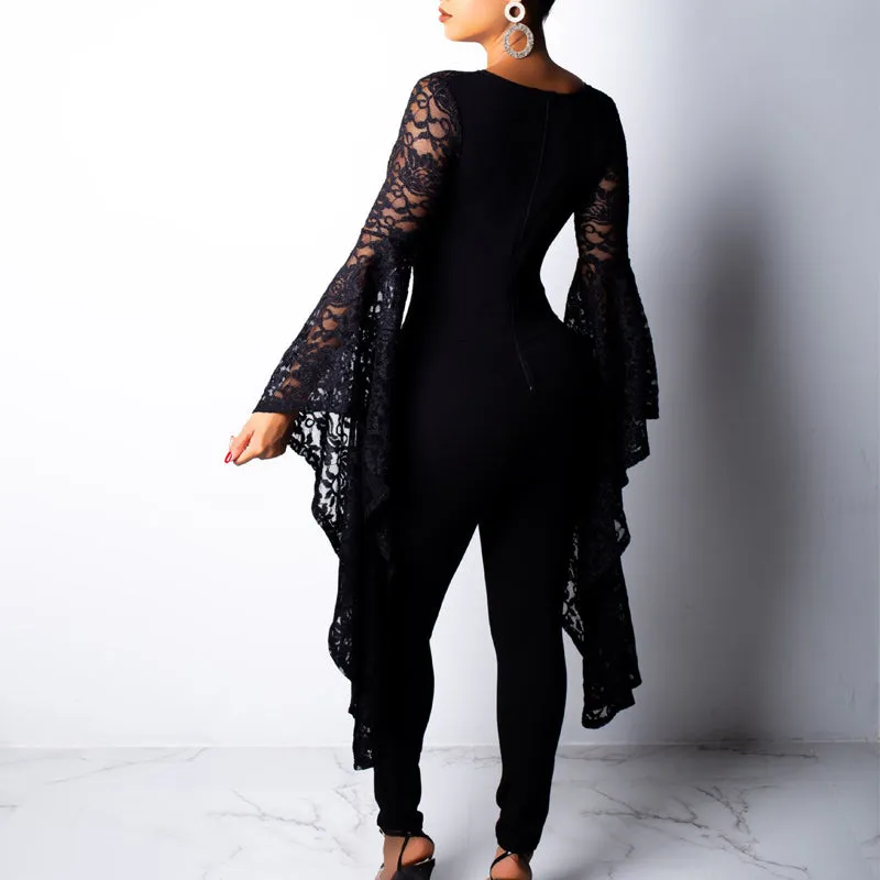 Sexy V-Neck Lace Hollow Out Long Wide Sleeve Jumpsuit