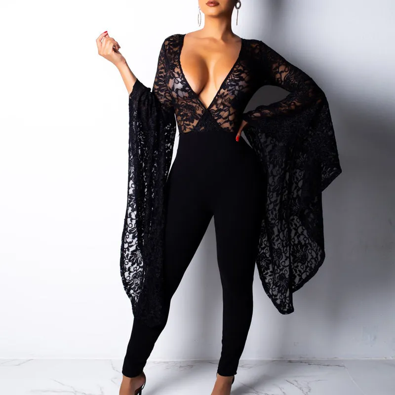 Sexy V-Neck Lace Hollow Out Long Wide Sleeve Jumpsuit