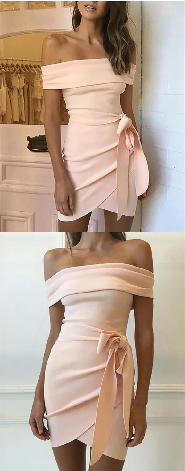 Sheath Off-shoulder Simple Homecoming Dresses With Belt, HD0525