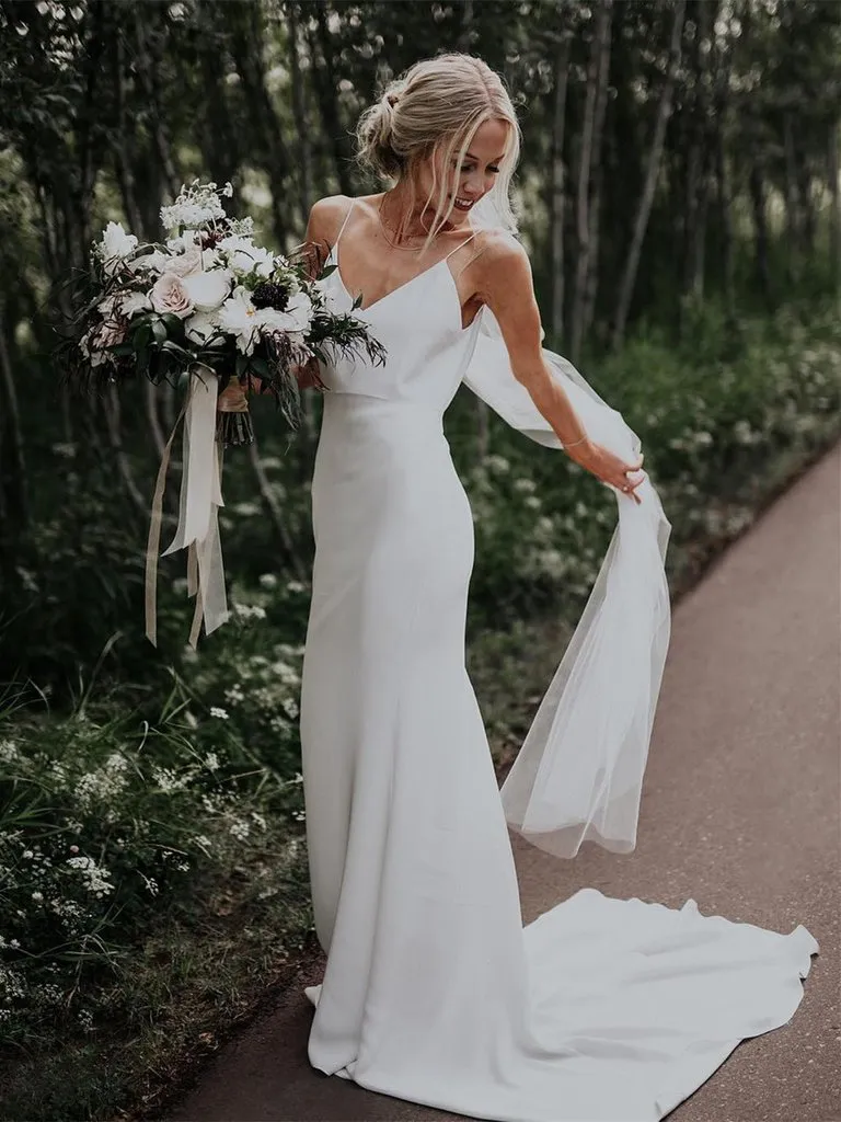 Sheath Spaghetti Straps Simple Cheap Long Wedding Dresses With Train, WD0474