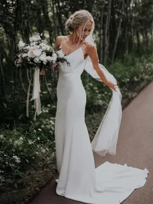 Sheath Spaghetti Straps Simple Cheap Long Wedding Dresses With Train, WD0474