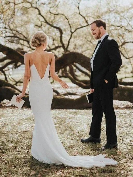 Sheath Spaghetti Straps Simple Cheap Long Wedding Dresses With Train, WD0474