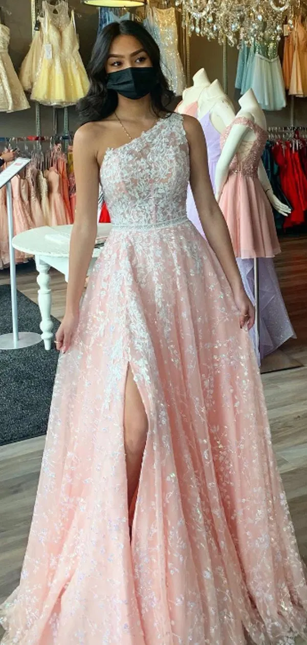 Simple A-line One-Shoulder Lace Long Prom Dresses,SFPD0099