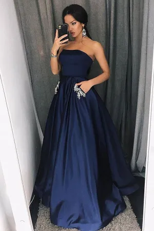 Simple A-Line Strapless Floor-Length Dark Blue Prom Dresses with Pockets Beading OKI98