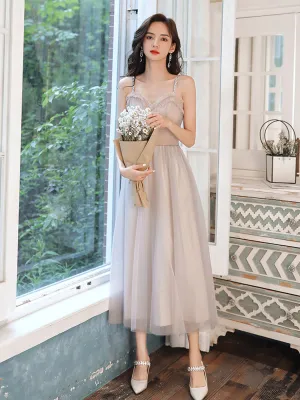 Simple A line tea length prom dress tulle formal dress