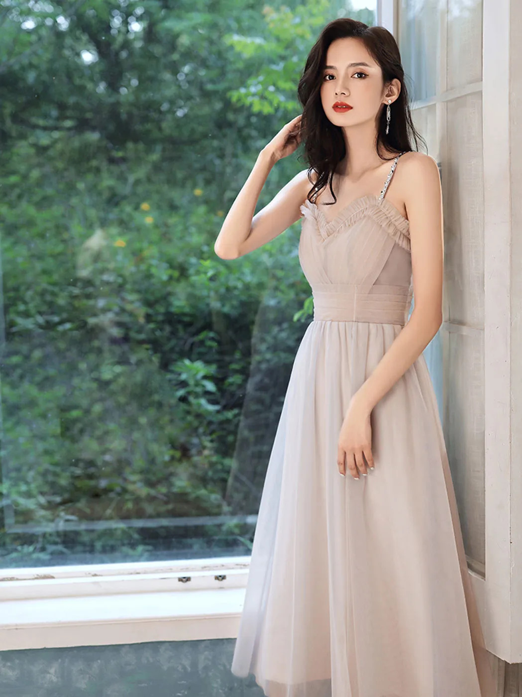 Simple A line tea length prom dress tulle formal dress