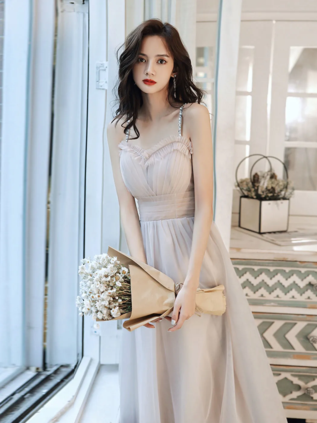 Simple A line tea length prom dress tulle formal dress