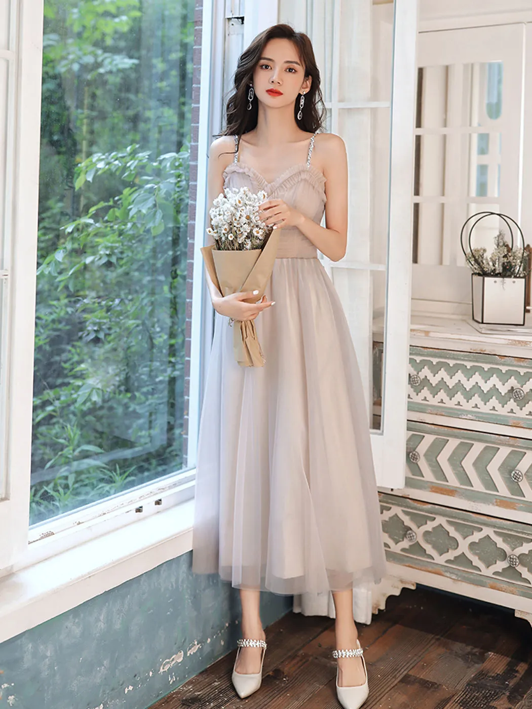 Simple A line tea length prom dress tulle formal dress