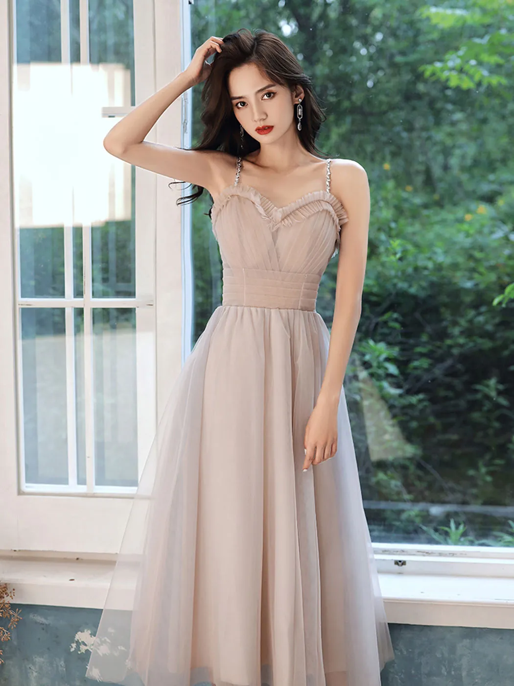 Simple A line tea length prom dress tulle formal dress