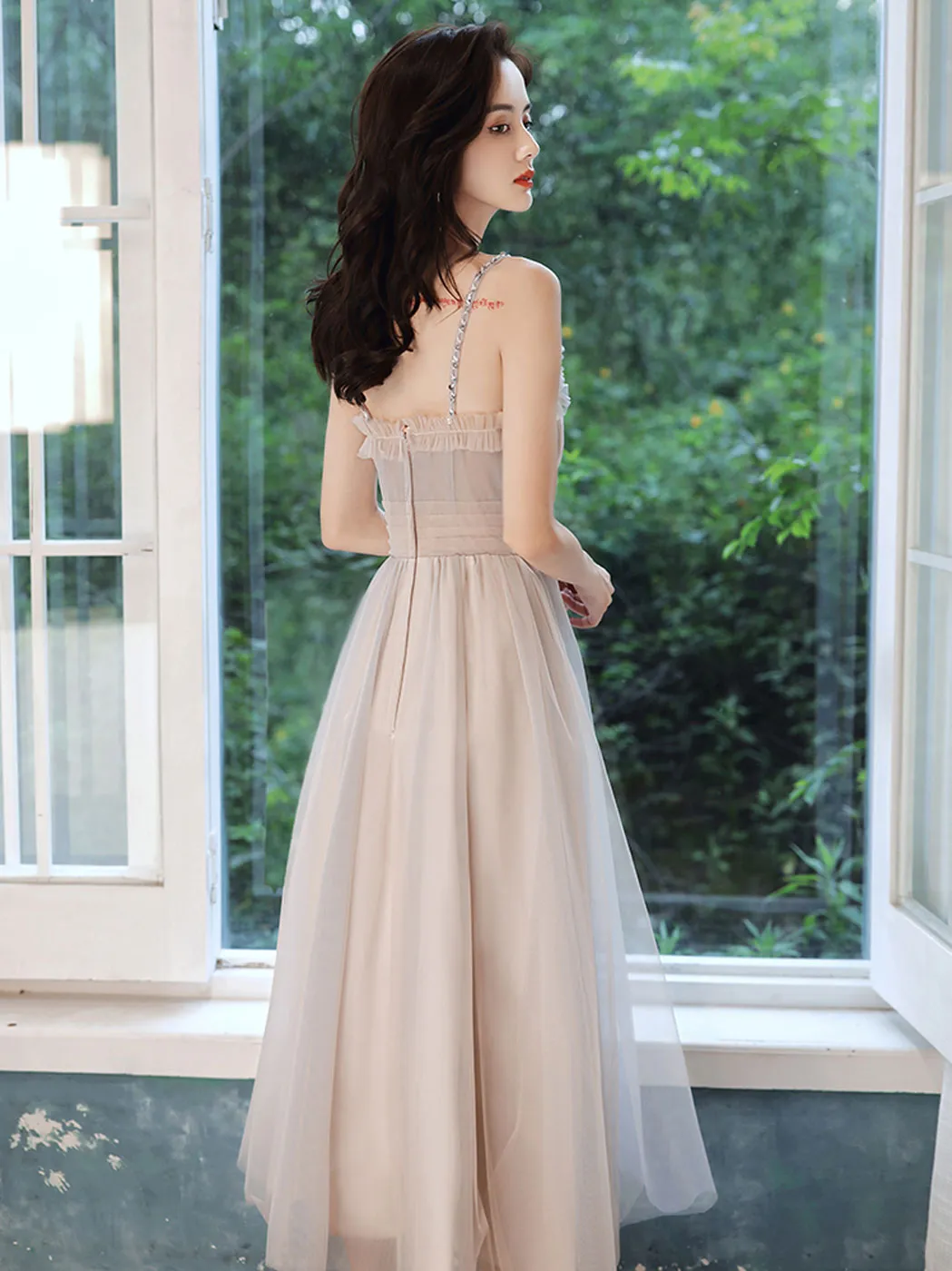 Simple A line tea length prom dress tulle formal dress