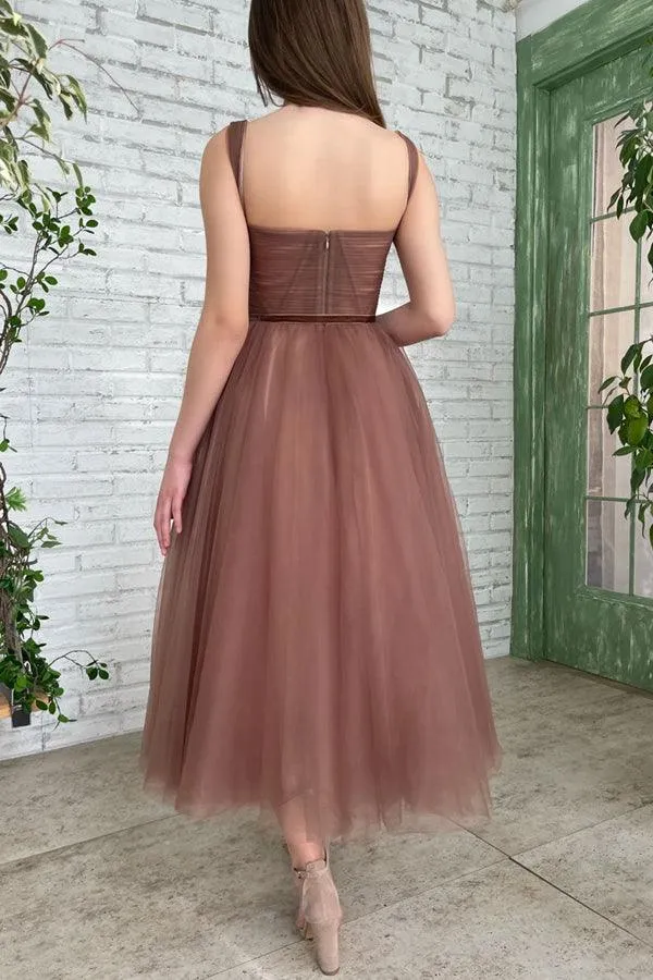Simple A-line Tea Length Tulle Short Prom Dress Homecoming Dress HD0184