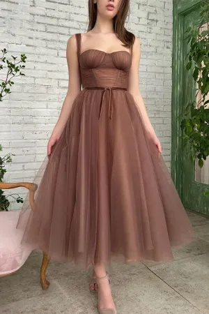 Simple A-line Tea Length Tulle Short Prom Dress Homecoming Dress HD0184