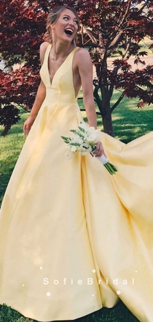 Simple A-Line V-Neck Sleeveless Red Long Prom Dresses With Pockets,SFPD0036