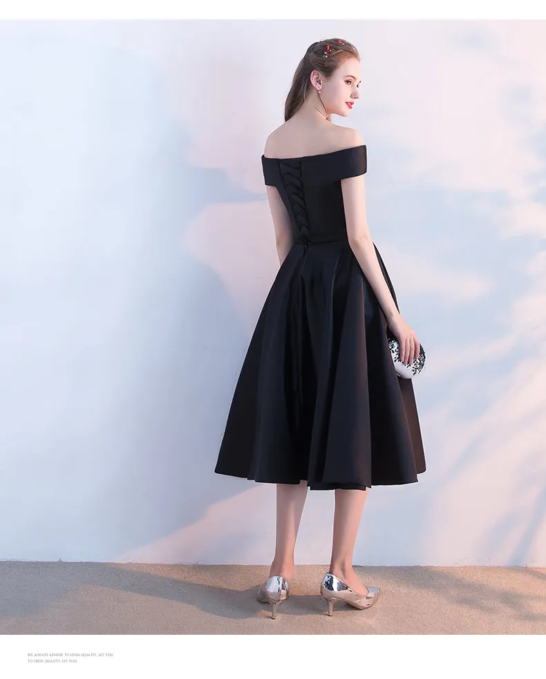 Simple Black Satin Short Sweetheart Party Dress, Black Homecoming Bridesmaid Dress
