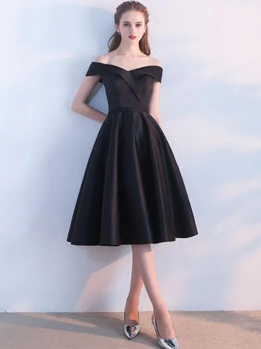 Simple Black Satin Short Sweetheart Party Dress, Black Homecoming Bridesmaid Dress