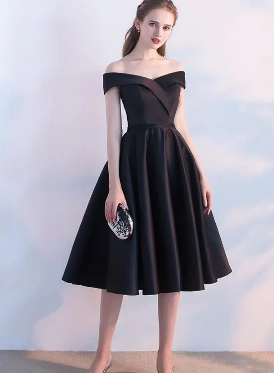 Simple Black Satin Short Sweetheart Party Dress, Black Homecoming Bridesmaid Dress