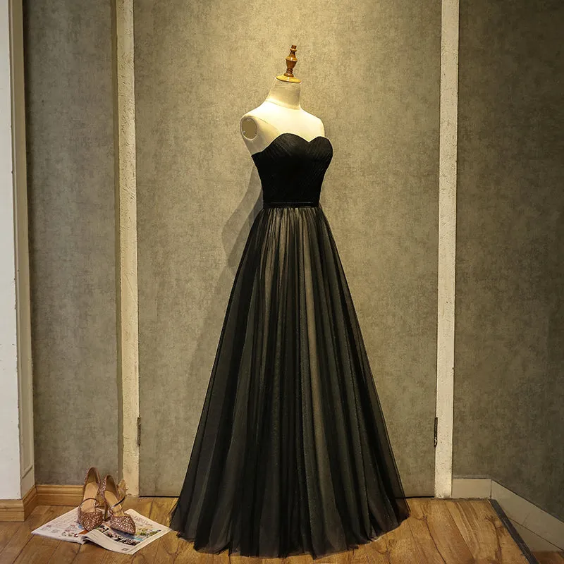 Simple Black Sweetheart A-line Long Tulle Party Dress, Black Evening Gown