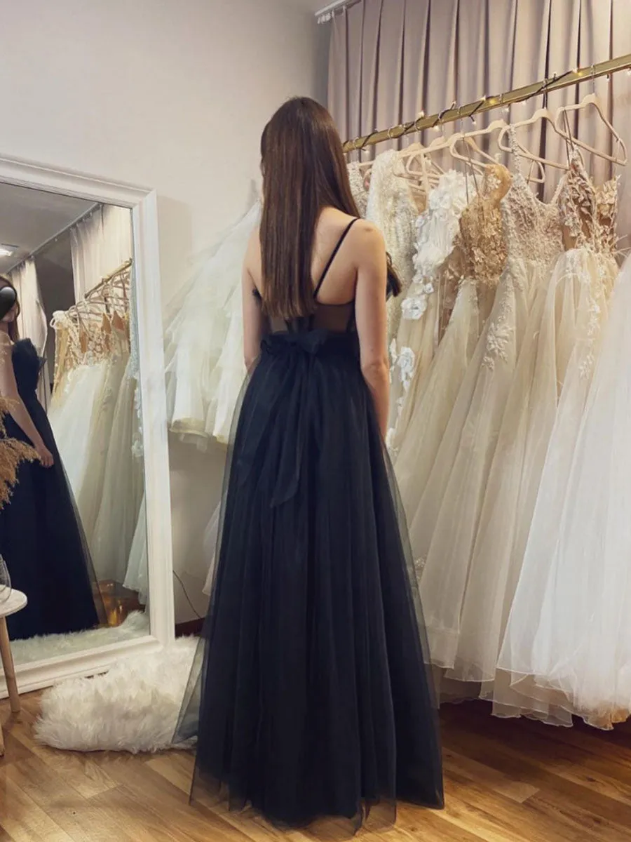 Simple black tulle long prom dress, black tulle formal dress