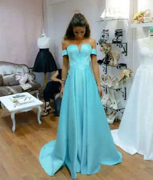 Simple blue satin long prom dress, blue evening dress