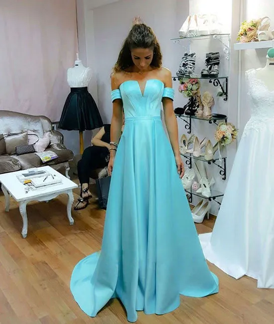 Simple blue satin long prom dress, blue evening dress