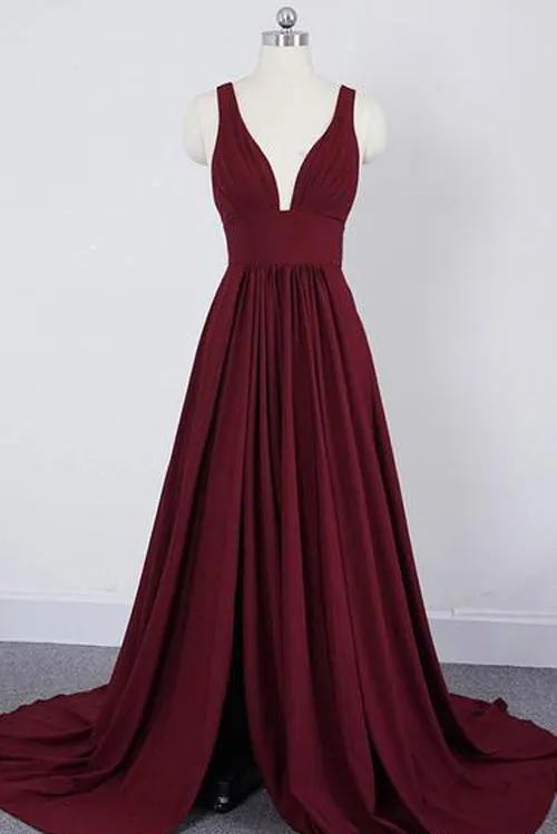 Simple Burgundy A-line Deep V-neck Cheap Bridesmaid Dresses For Wedding, BD90