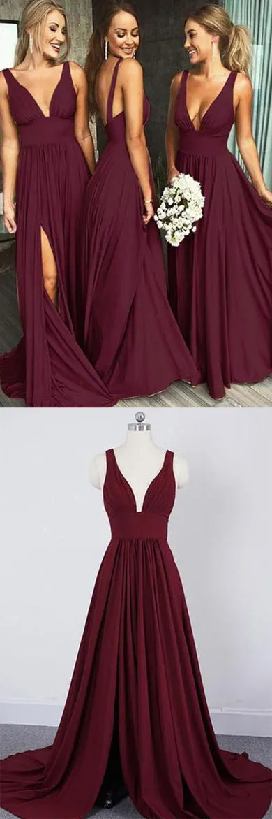 Simple Burgundy A-line Deep V-neck Cheap Bridesmaid Dresses For Wedding, BD90