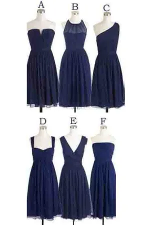 Simple Cheap Short Navy Blue Chiffon Sleeveless Bridesmaid Dresses OK440