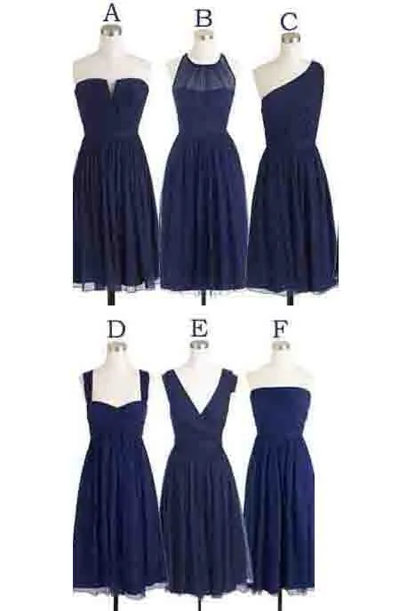 Simple Cheap Short Navy Blue Chiffon Sleeveless Bridesmaid Dresses OK440